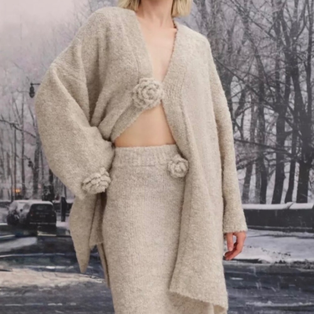 For Love and Lemons Song Duster Cardigan Fuzzy Fluffy Chunky Neutral Tan Taupe S